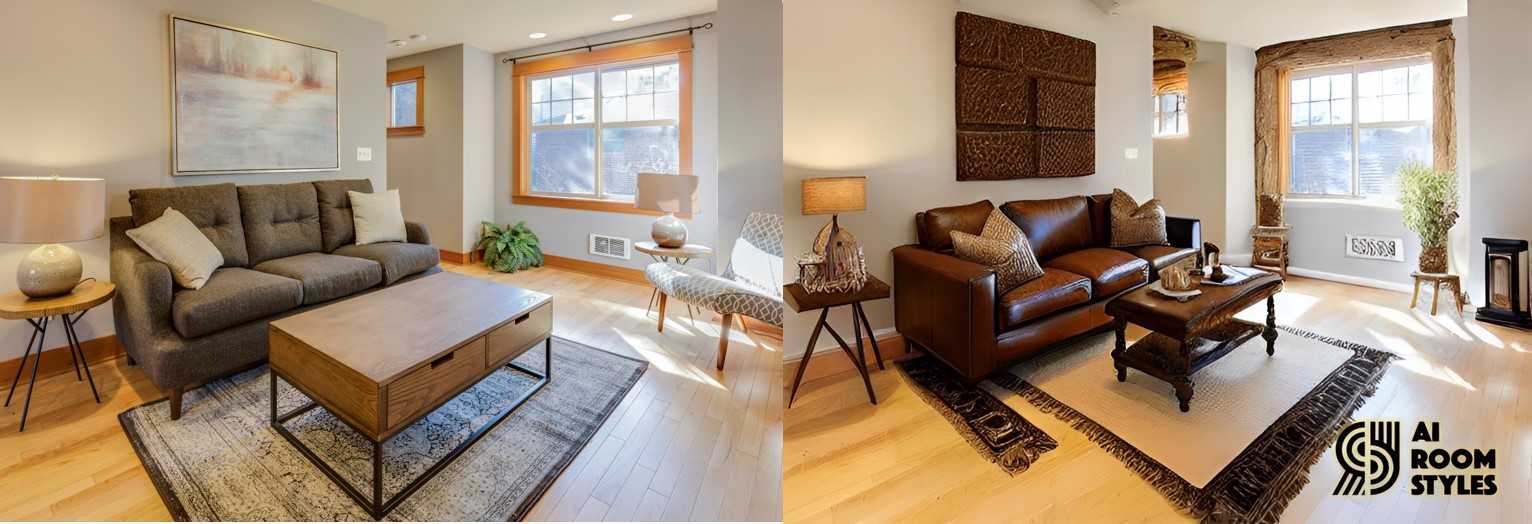 A modern living room (left) and its generated rustic version (right).