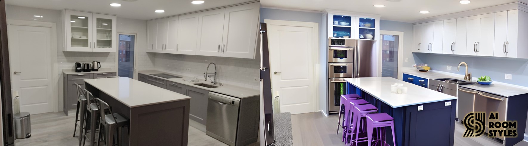 A modern white kitchen (left) and its generated blue version (right).