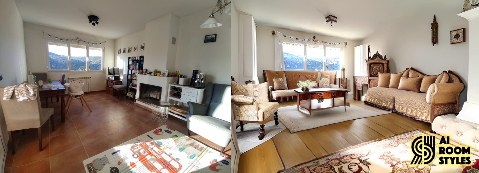 A modern living room (left) and its generated rustic version (right).