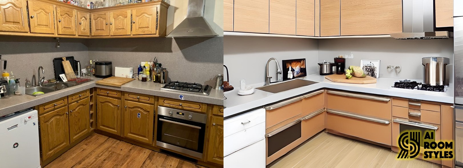 A modern white kitchen (left) and its generated blue version (right).